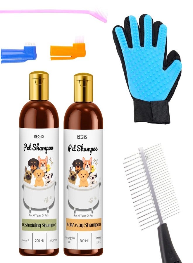 REGIIS Pet Grooming Kit with Deshedding and Itchy Way Shampoo, 200ml Each, Pet Brush and Comb Set, Professional Dog Cat Bathing Glove(Pack of 5) - Image 1